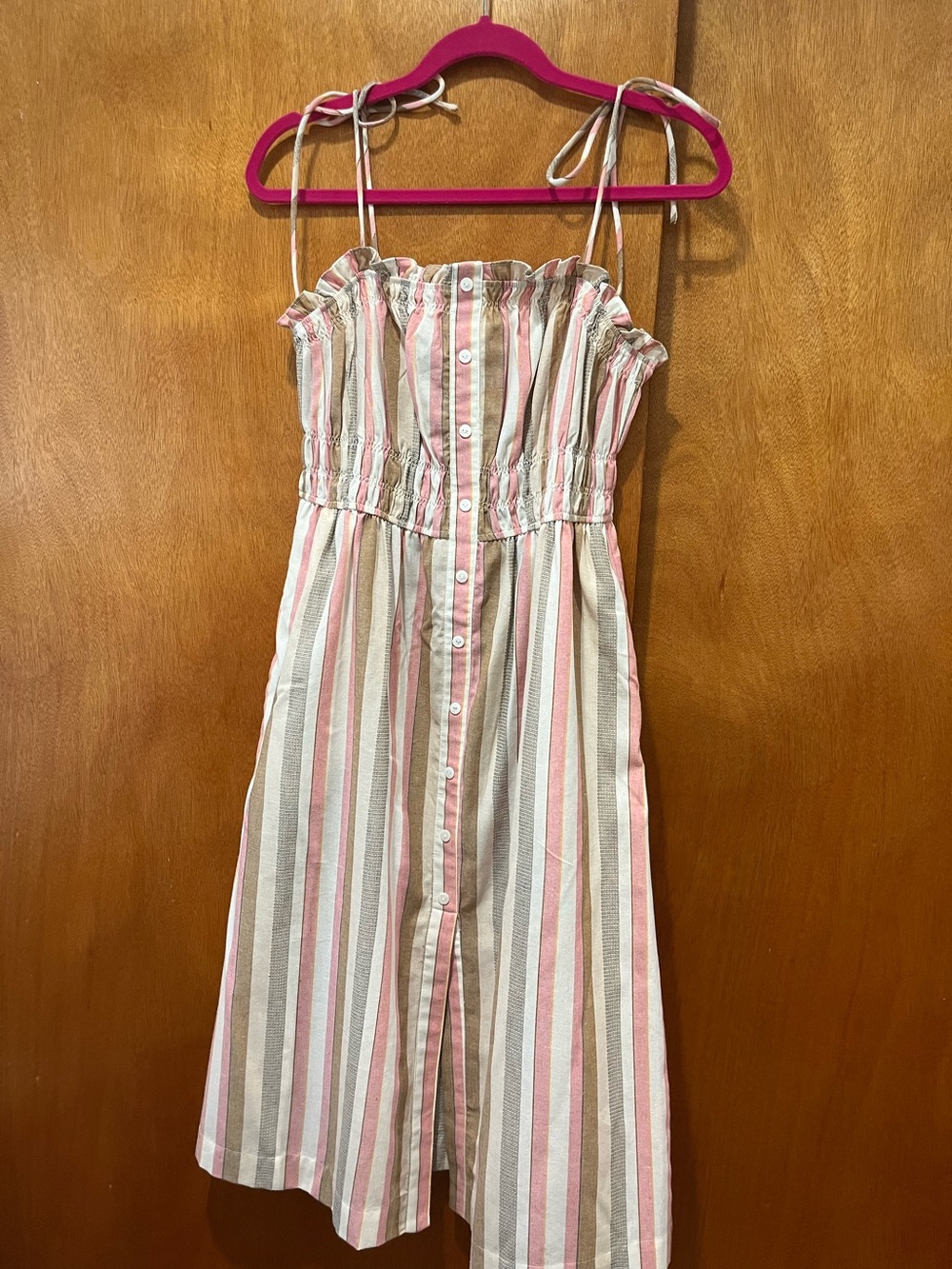 NWOT HEM & Thread Striped Faux Button-Front Sundress — Pink, White & Tan